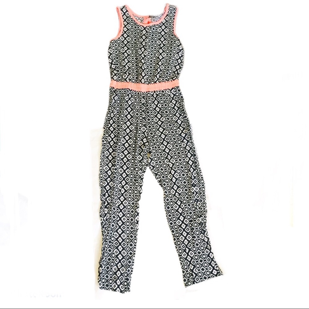 ZUNIE (Nordstrom) Geo Print Jumpsuit With Back Bow Detail Black/Pink Girl 10Y